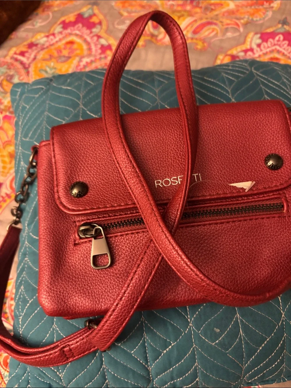 Rosetti Red Pebbled Crossbody Bag with Front Zip Pocket